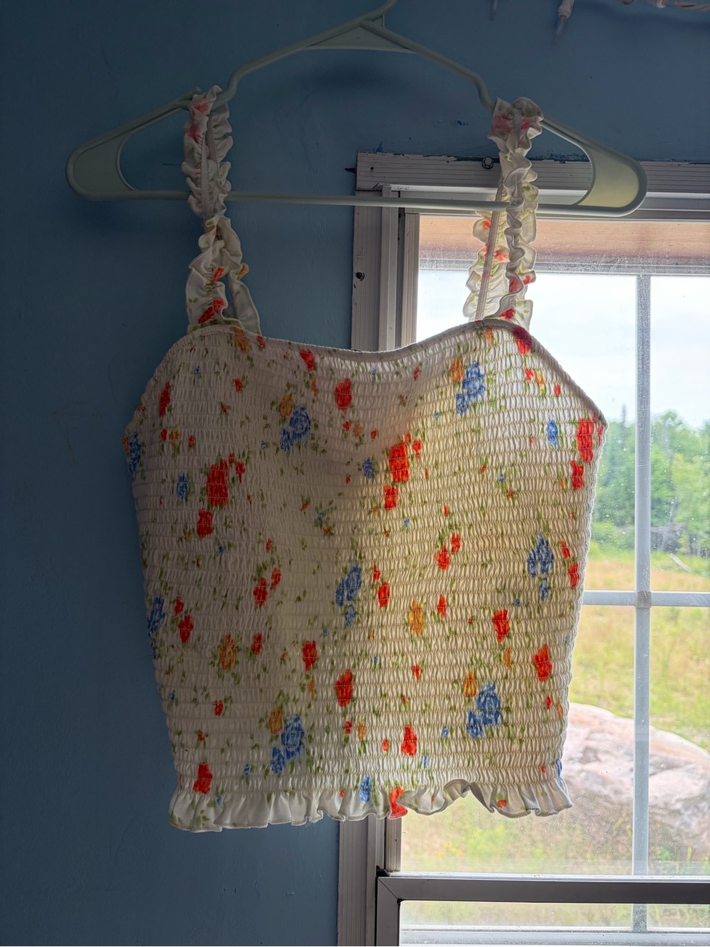 White Floral Smocked Tank Top with Ruffle Straps